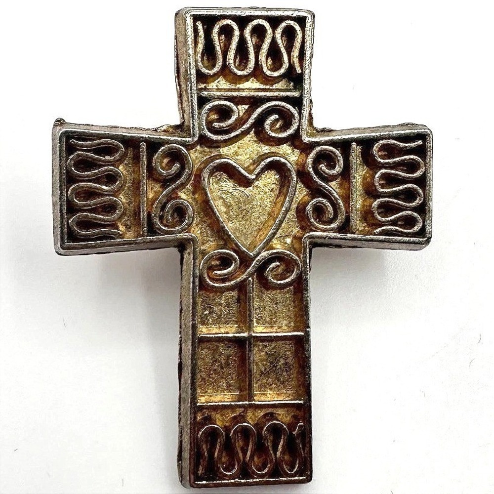 Vintage 80s Gold Tone Heart Cross Lapel Pin Religious Brooch Fashion Jewelry Y2K